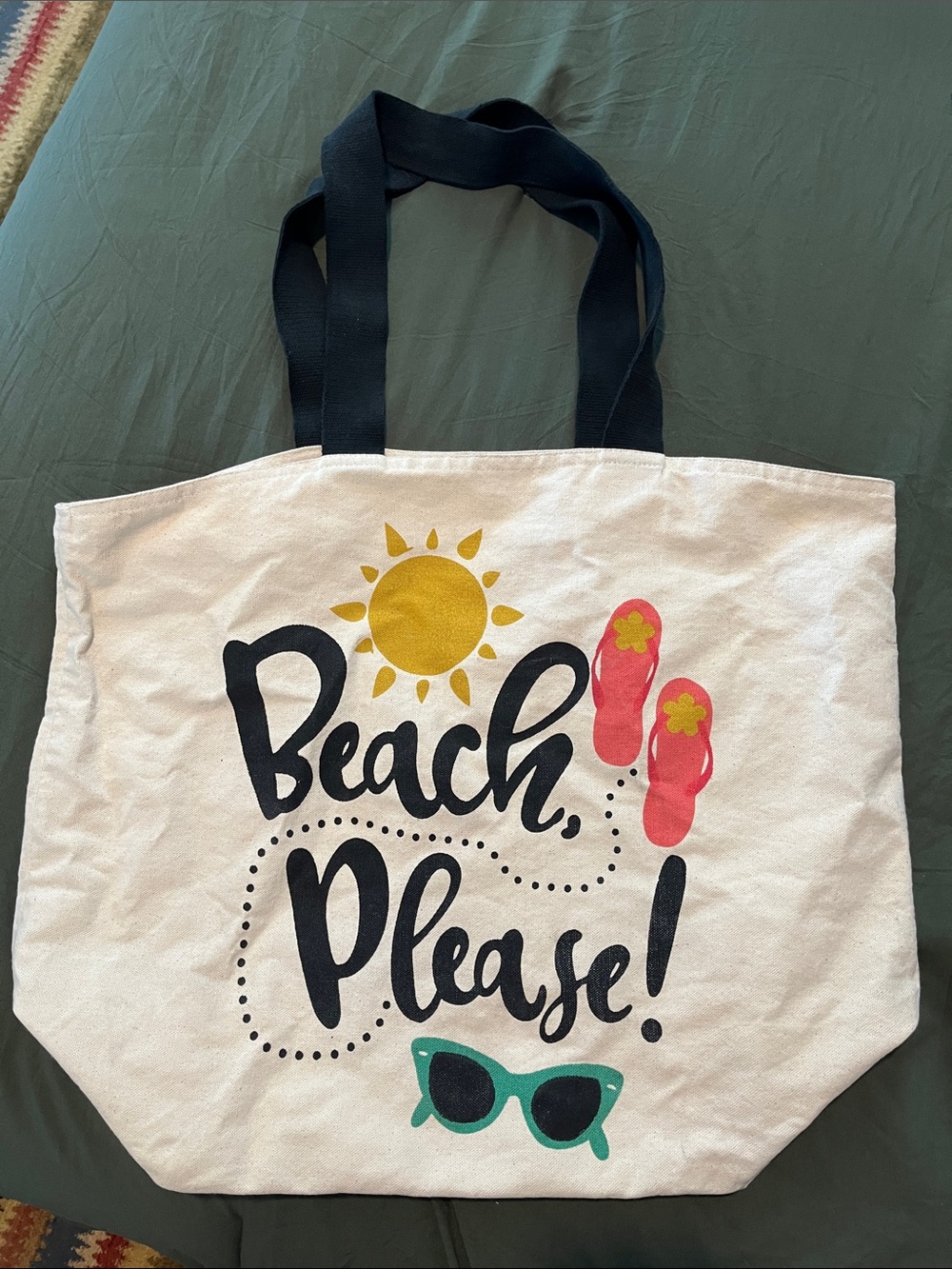 Beach Please Canvas Tote with Sun & Flip-Flop Graphic Beach Please on both sides